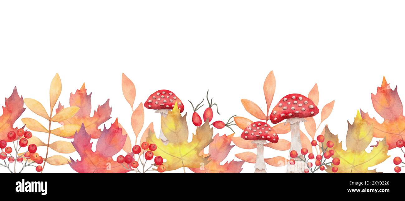 Seamless autumn leaf border with rowan berries, rose hips and mushrooms ...