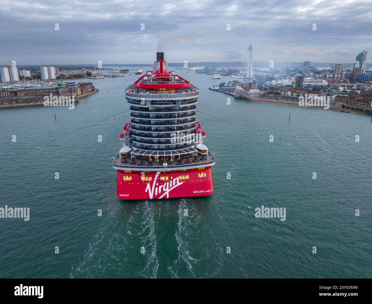 Resilient Lady Cruise Ship.  arriving at Portsmouth International Port aerial view.  Virgin Voyages. Stock Photo
