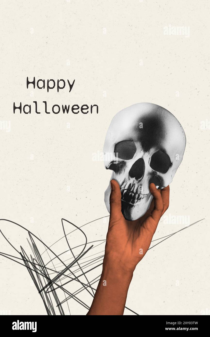 Vertical photo collage of hand hold skeleton bones occult ingredient ...