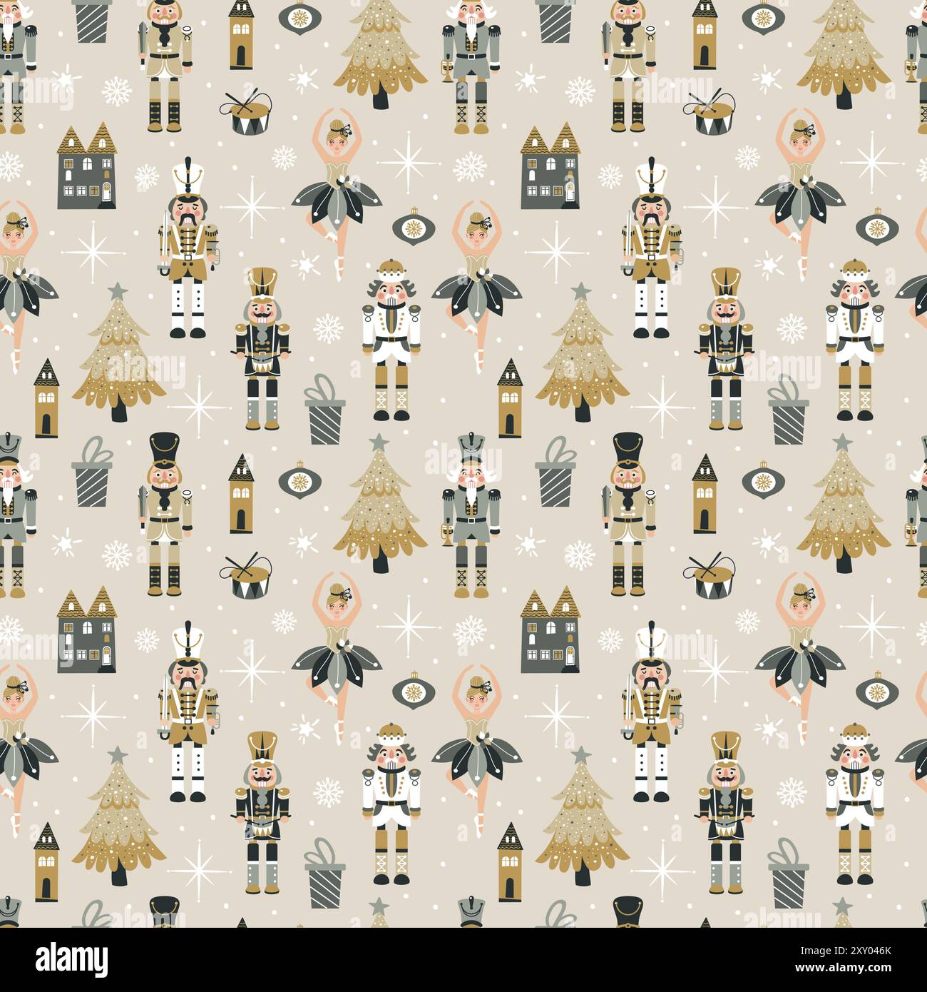 Seamless Christmas Pattern with Nutcrackers ballerina in Vector on beige. Stock Vector