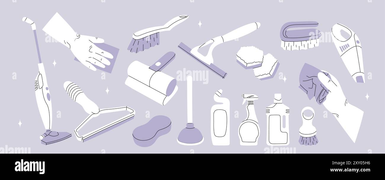 Cleaning kit with cleaning products, rags Stock Vector