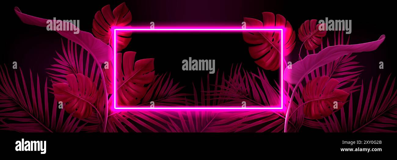 Summer beach night party dark banner template with tropical leaves and ...