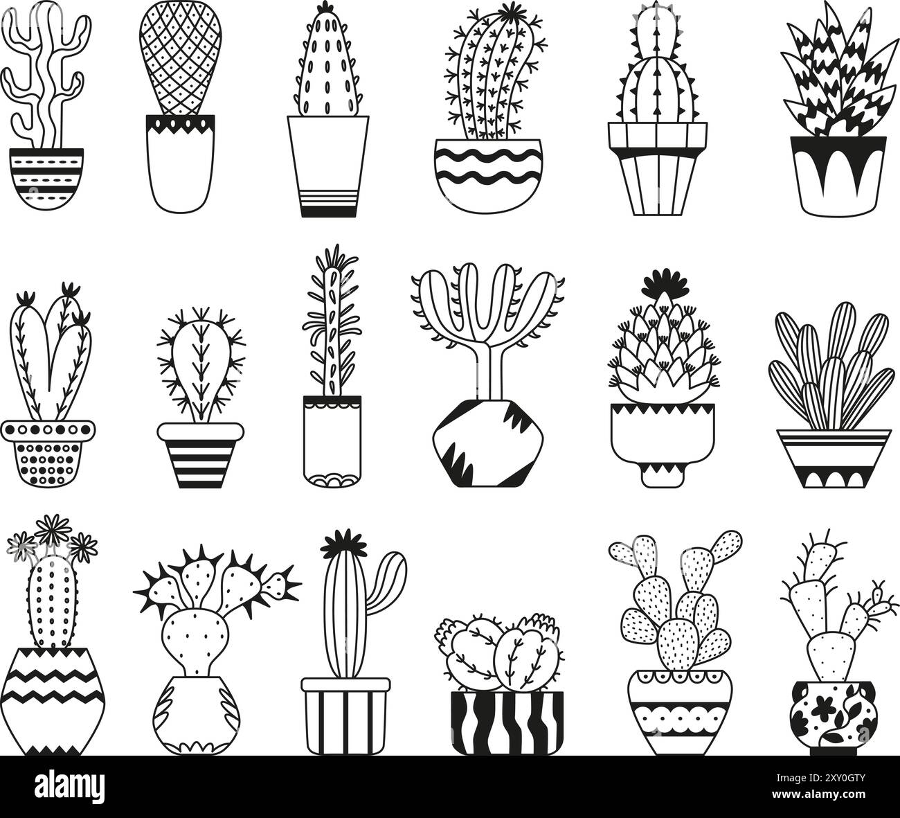 Hand drawn cacti. Doodle cactus in different decorative pots. House ...