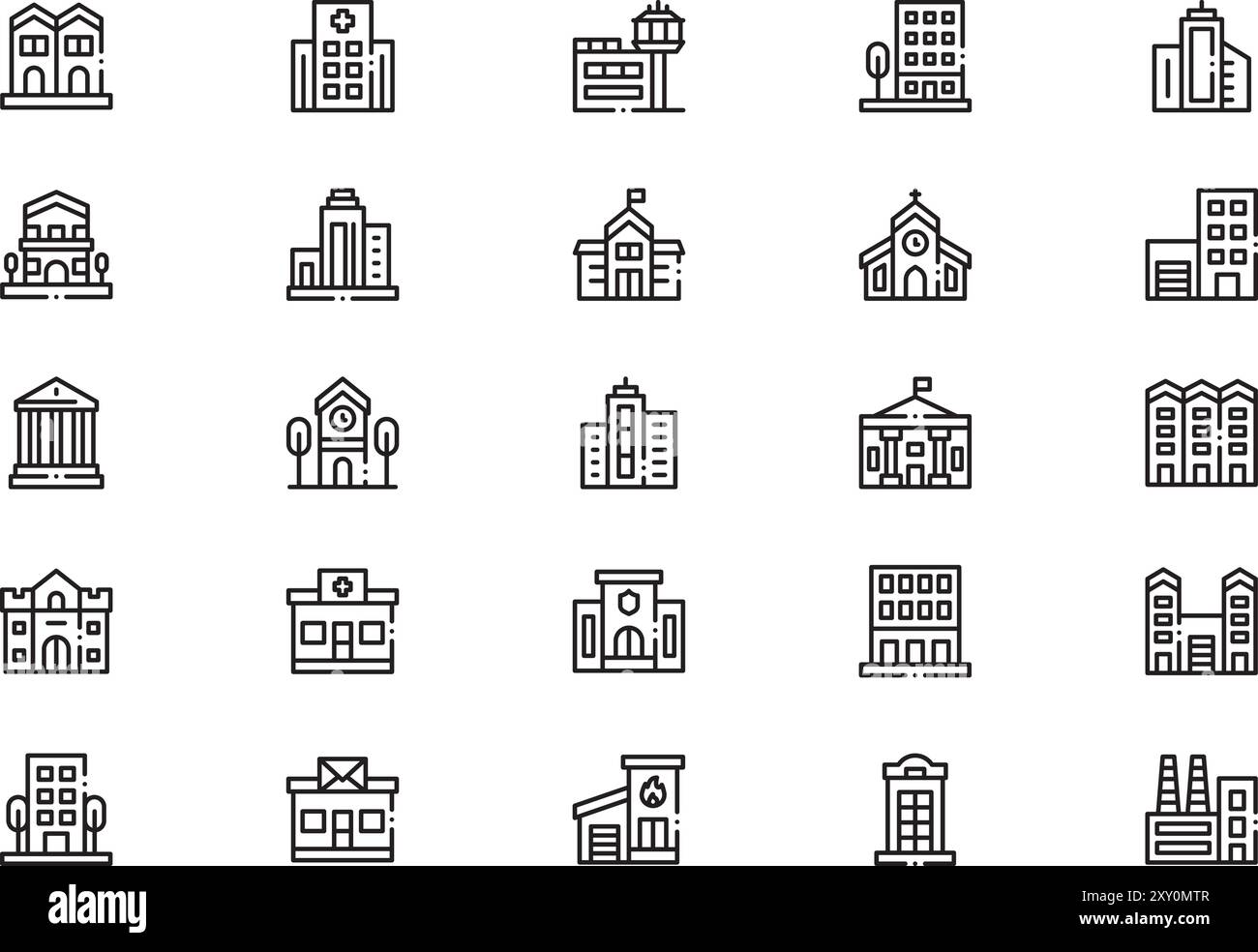 Urban buildings icons collection is a vector illustration with editable stroke. Stock Vector