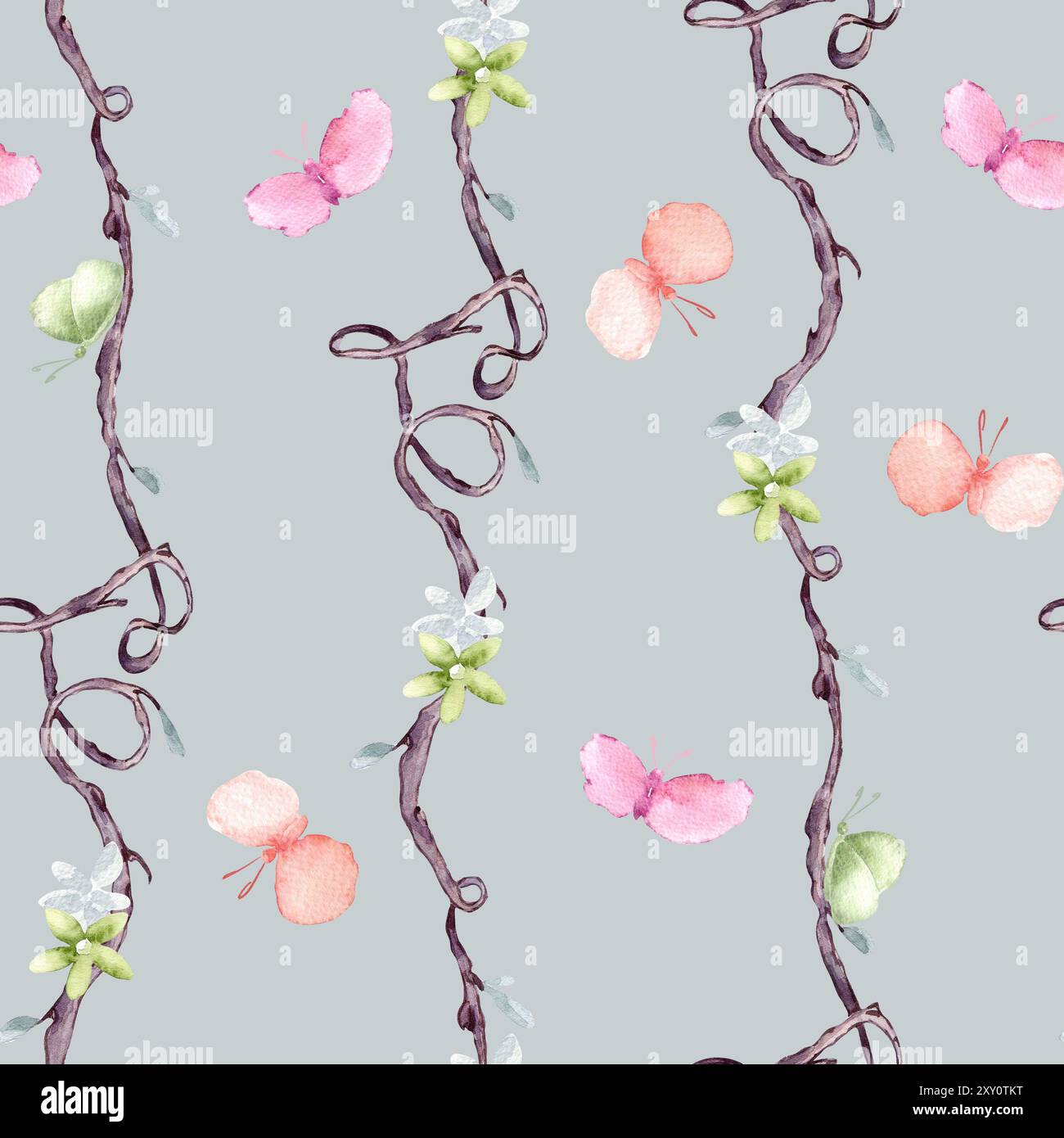 Seamless twigs with watercolor pink butterflies and gentle flowers on ...