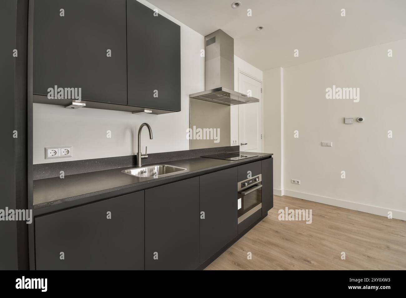 A sleek modern kitchen design featuring black cabinets, stainless steel ...