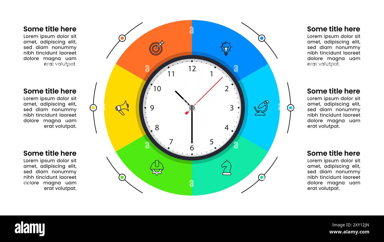 Infographic template with icons and 6 options or steps. Clock. Can be used for workflow layout, diagram, banner, webdesign. Vector illustration Stock Vector