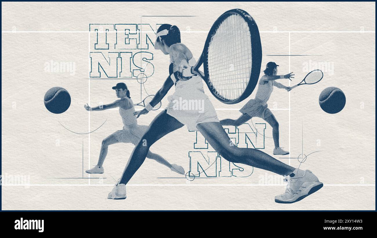 Poster. Contemporary art collage. Dynamic tennis players in action with ...