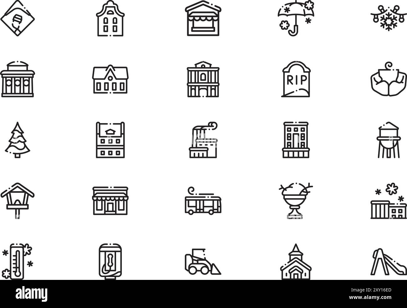 Winter town icons collection is a vector illustration with editable stroke. Stock Vector