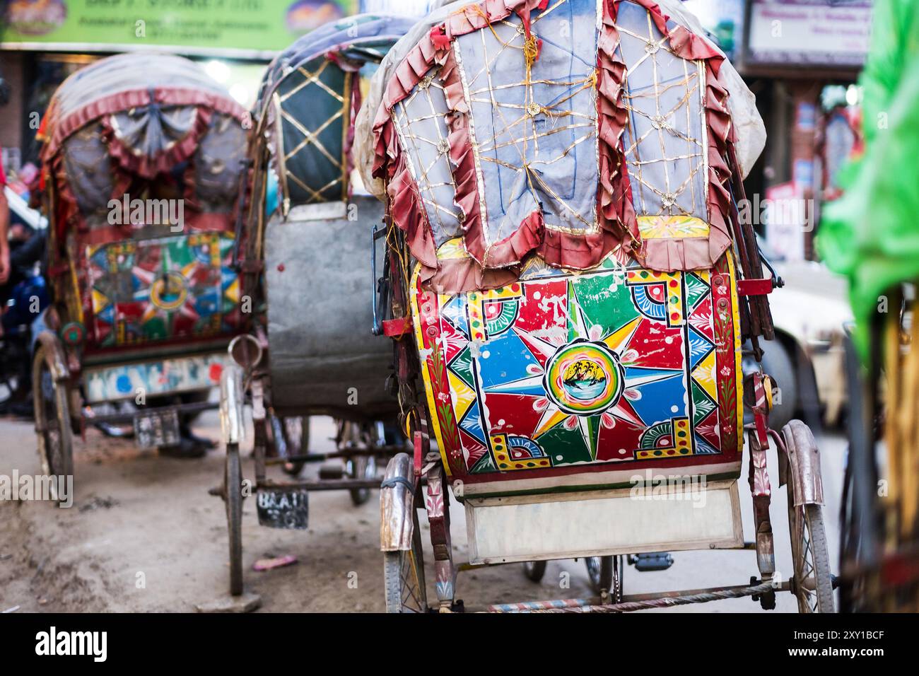 Colorful rickshaw carriage in line on the road, Kathmandu, Nepal Stock ...
