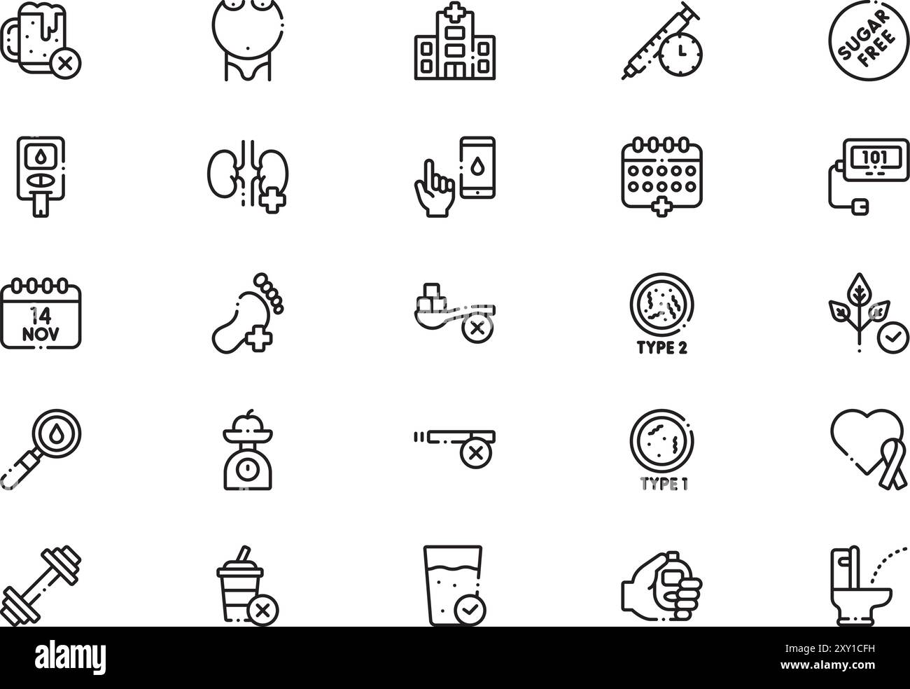 World diabetes day icons collection is a vector illustration with editable stroke. Stock Vector