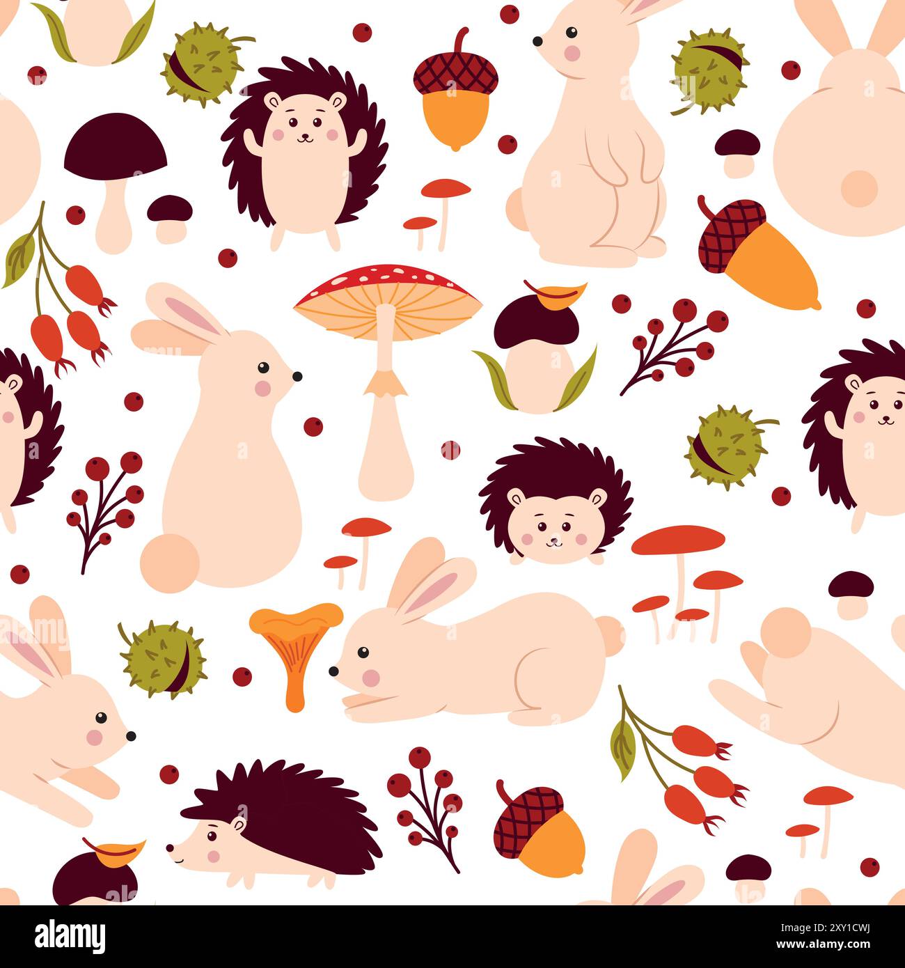 Seamless pattern with rabbits and hedgehogs Stock Vector