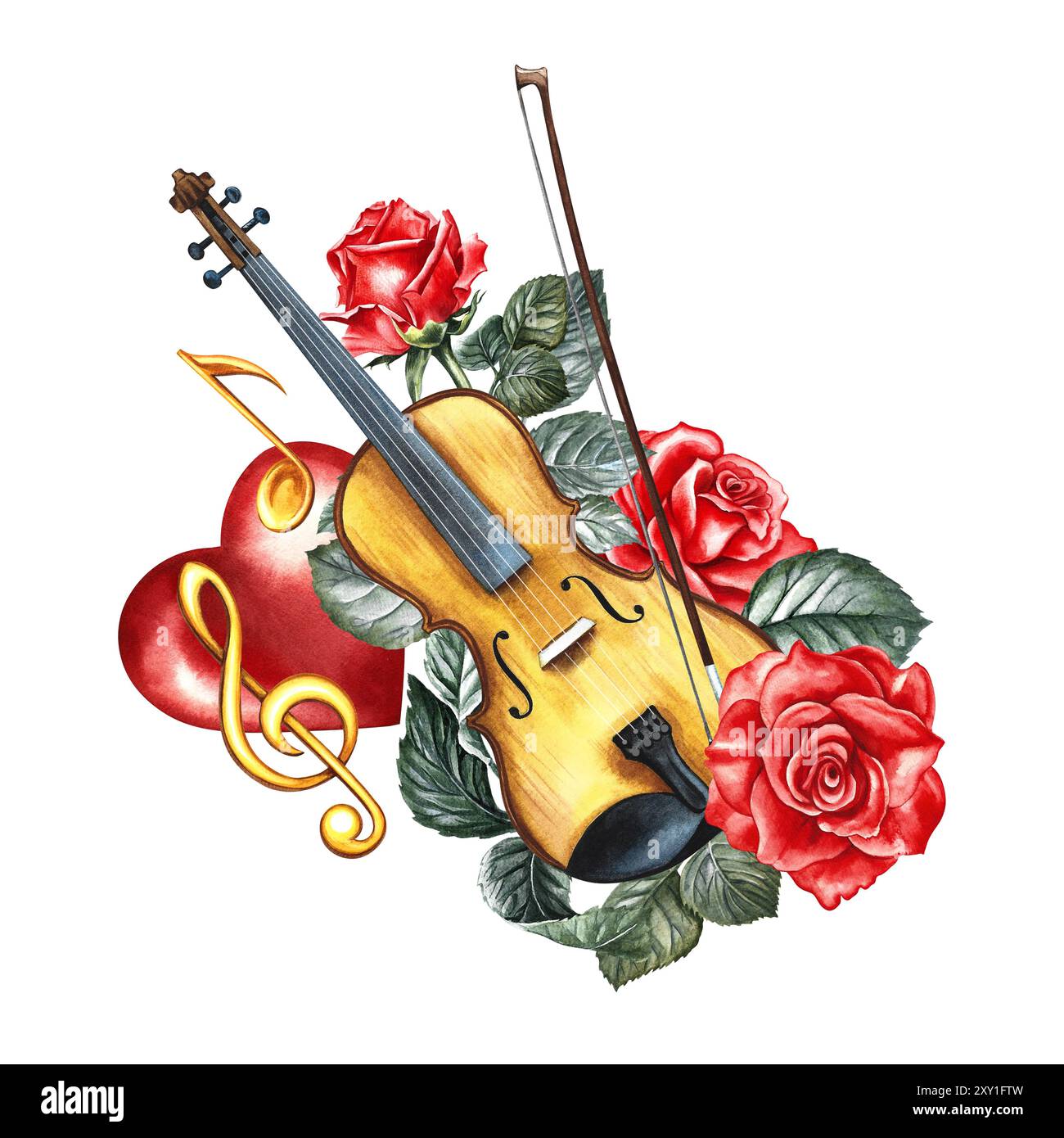 Red Roses And Violin A violin decorated with red roses and a golden treble clef on a red ...