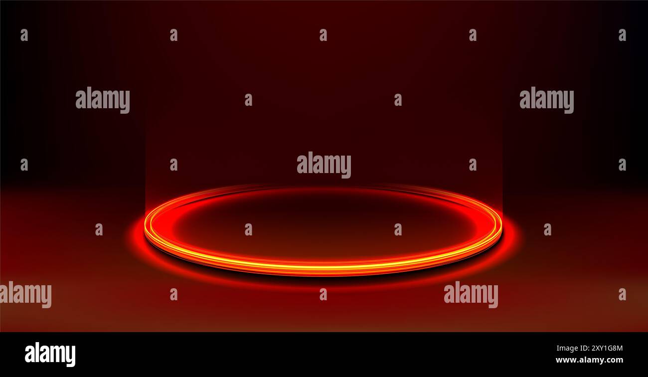 Red glowing ring on floor. Circle podium or teleport. Futuristic ...