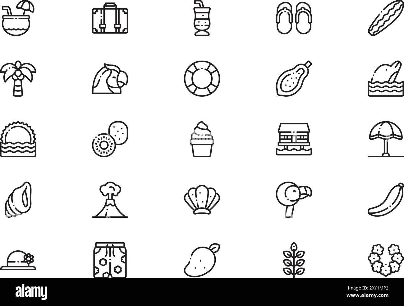 Tropical icons collection is a vector illustration with editable stroke. Stock Vector