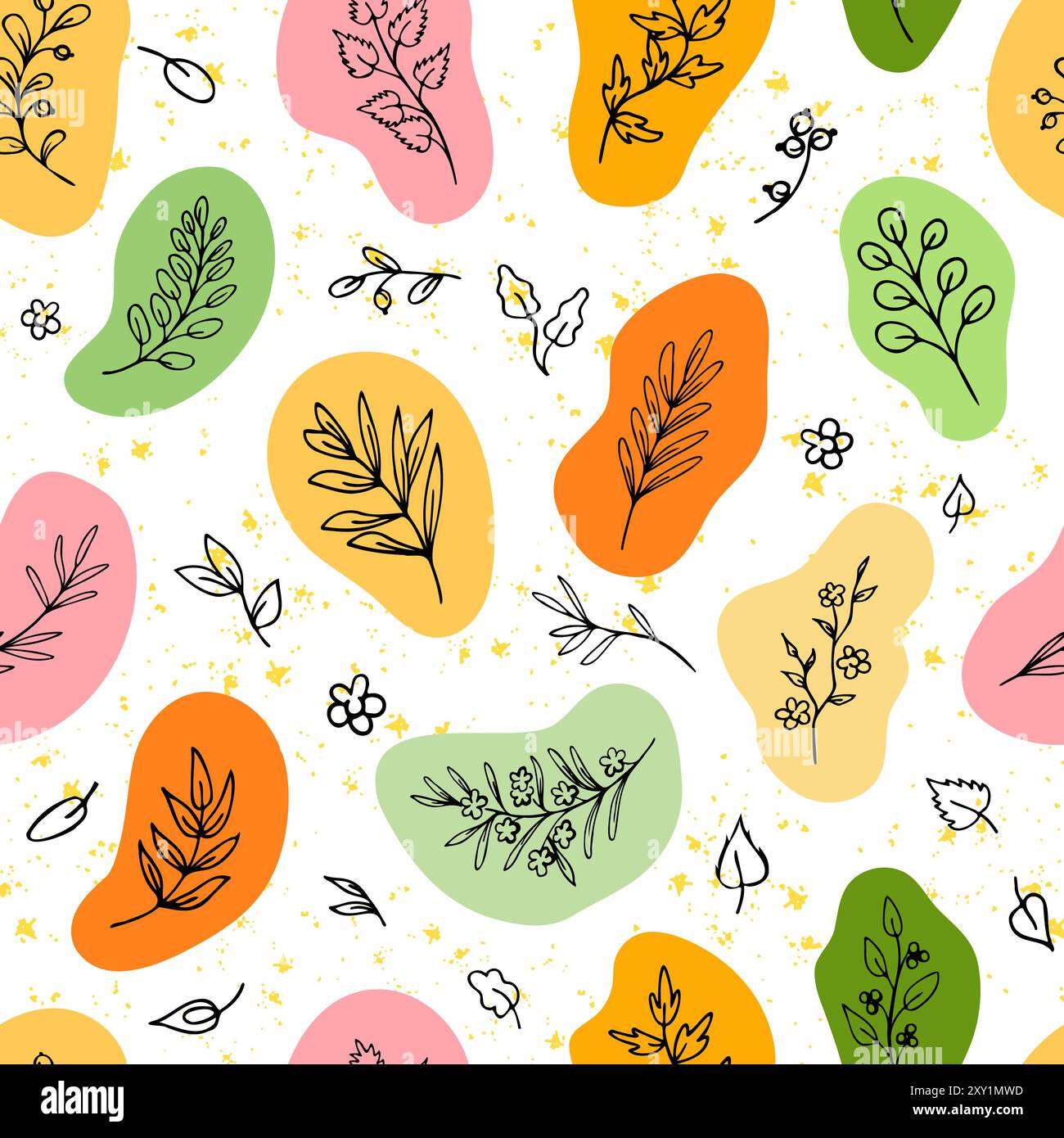 Leaves, herbs in colorful eco shapes, pattern Stock Vector