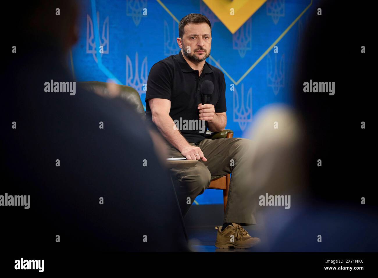 Kyiv, Ukraine. 27th Aug, 2024. Ukrainian President Volodymyr Zelenskyy, listens to a question during a press conference at the 'Ukraine 2024 Independence' forum, August 27, 2024 in Kyiv, Ukraine. Zelenskyy said the operation in the Kursk region inside Russia is part of the strategy to win the war. Credit: Ukraine Presidency/Ukrainian Presidential Press Office/Alamy Live News Stock Photo