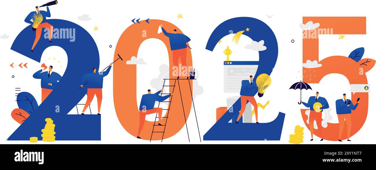 Office Staff Are Preparing To Meet The New Year 2025 Vector Office Staff Are Preparing To Meet The New Year 2025 Vector Illustration Cartoon Characters Repair The Numbers Image Is Isolated On White Backgroun 2XY1NT7