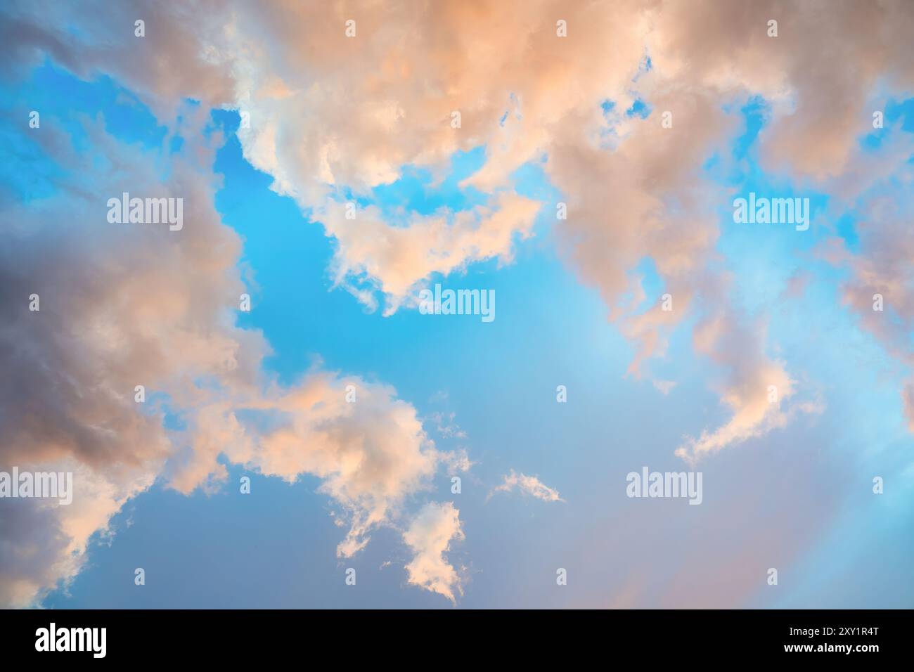 Beautiful dramatic orange clouds on blue sky in the evening Stock Photo