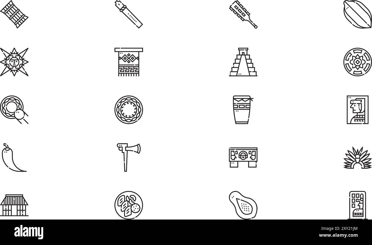 Mayan culture icons collection is a vector illustration with editable stroke. Stock Vector