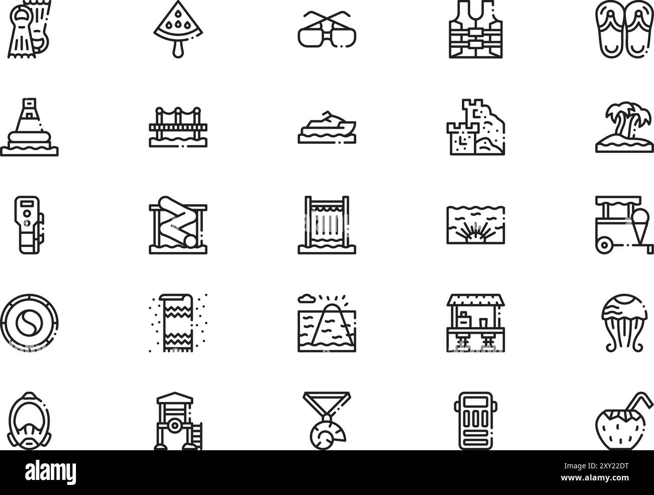 Beach resort icons collection is a vector illustration with editable stroke. Stock Vector