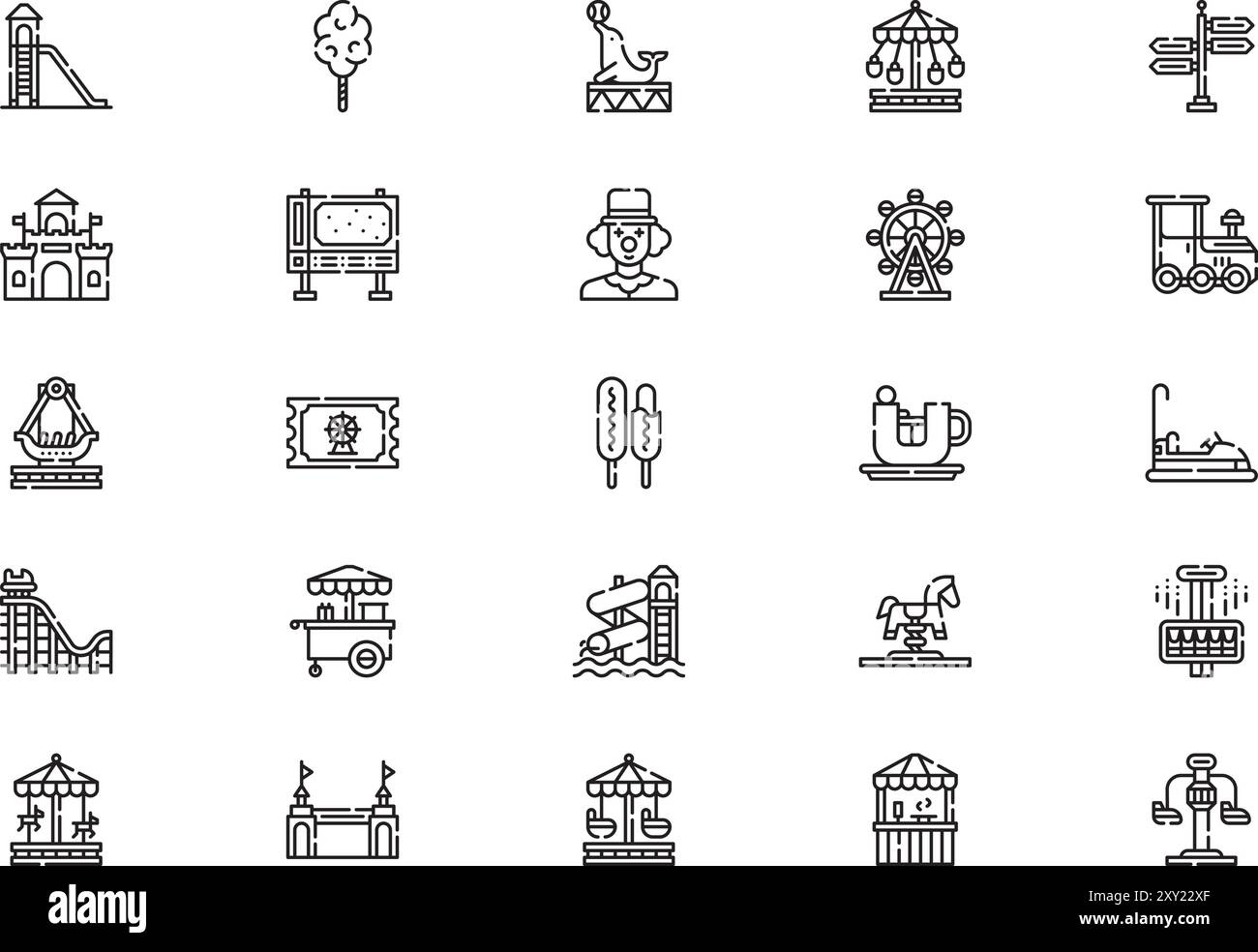 Amusement park icons collection is a vector illustration with editable stroke. Stock Vector