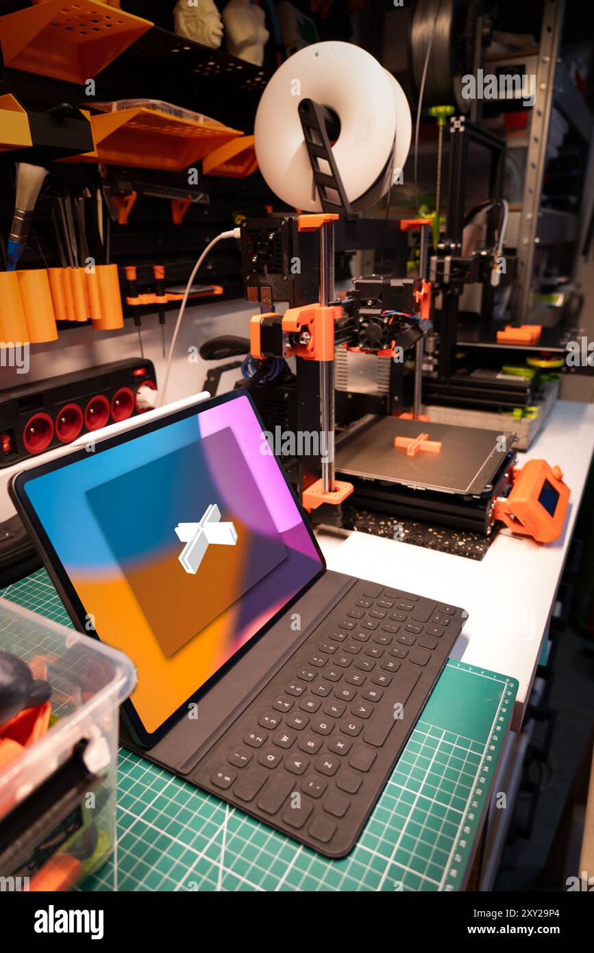 3D print project lab. Home studio. Computer screen with stl object ...