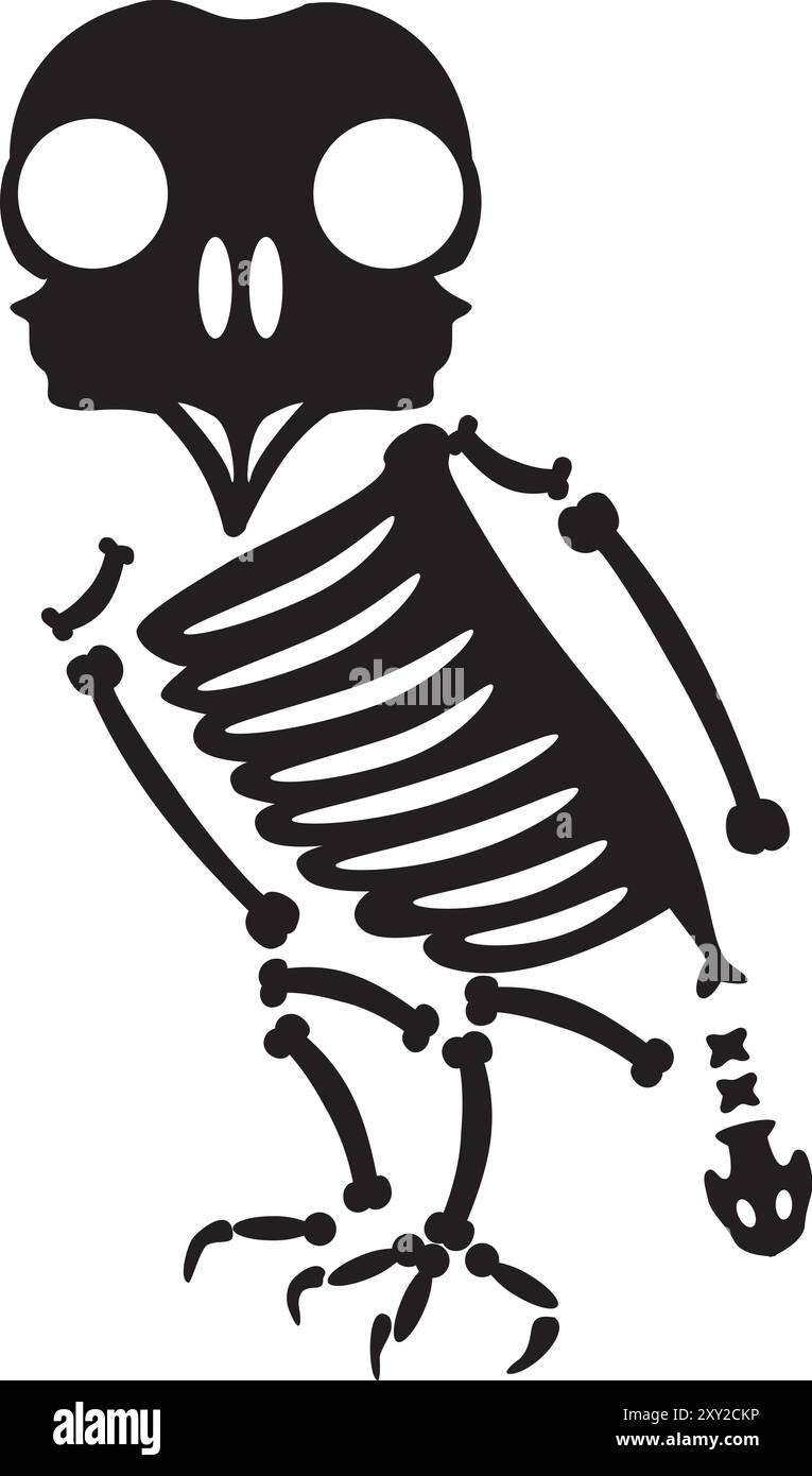 Decayed Halloween sitting owl bird with dried skeleton bones, fairy tale creepy character. Scary ancient fossil of sitting owl bird. Simple black and Stock Vector