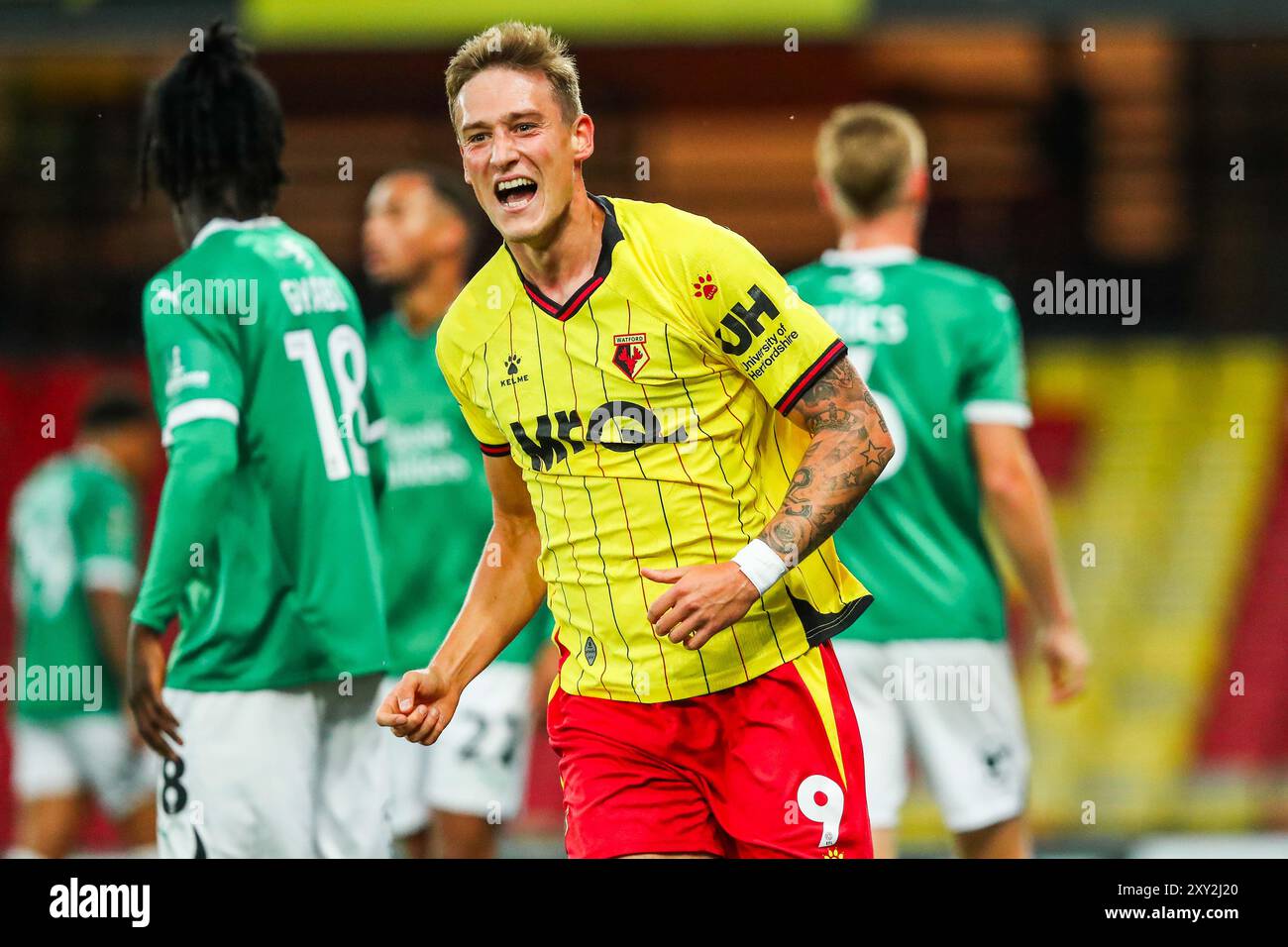 Mileta Rajovic of Watford celebrates after scoring the team s first goal to make the score 1 0 during the Carabao Cup match Watford vs Plymouth Argyle at Vicarage Road Watford United Kingdom 27th