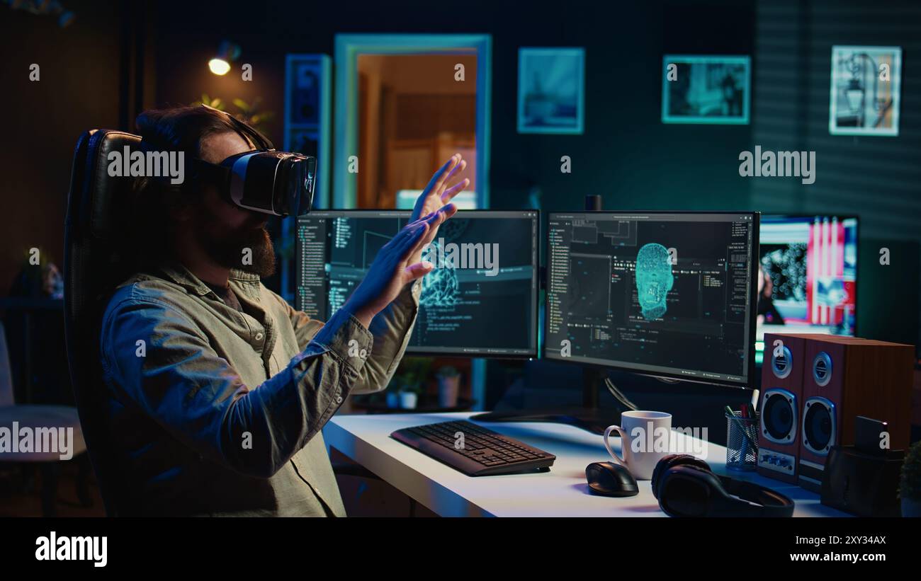 Programmer using VR headset to answer awaken AI gaining consciousness asking existential questions. Developer using virtual reality tech to chat with artificial intelligence, camera B Stock Photo