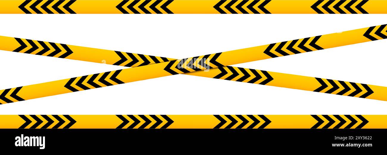 Horizontal and crossed caution tapes with black and yellow chevron print. Barriers in quarantine area, construction work zone or crime scene. Warning, restricted or closed signs. Vector illustration. Stock Vector