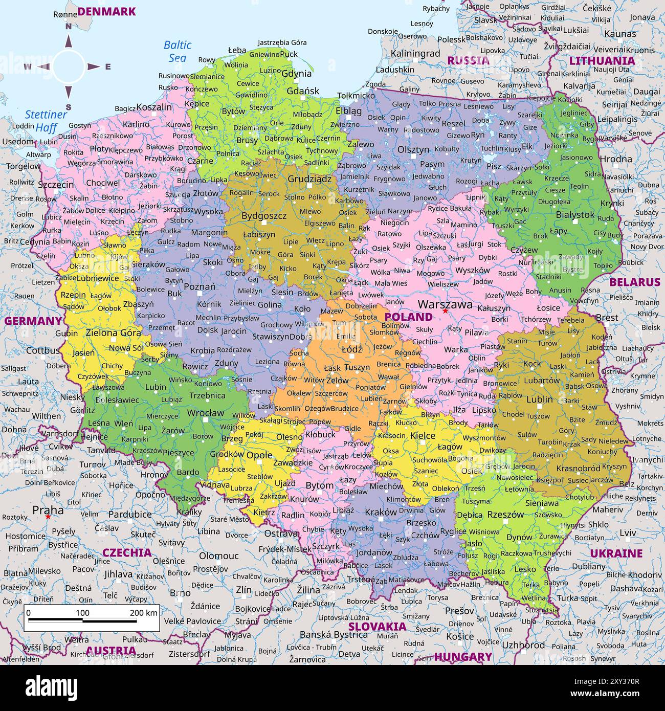 Poland Political Map With Capital Cities Towns National Borders Poland Political Map With Capital Cities Towns National Borders Rivers And Lakes Labeling 2XY370R 
