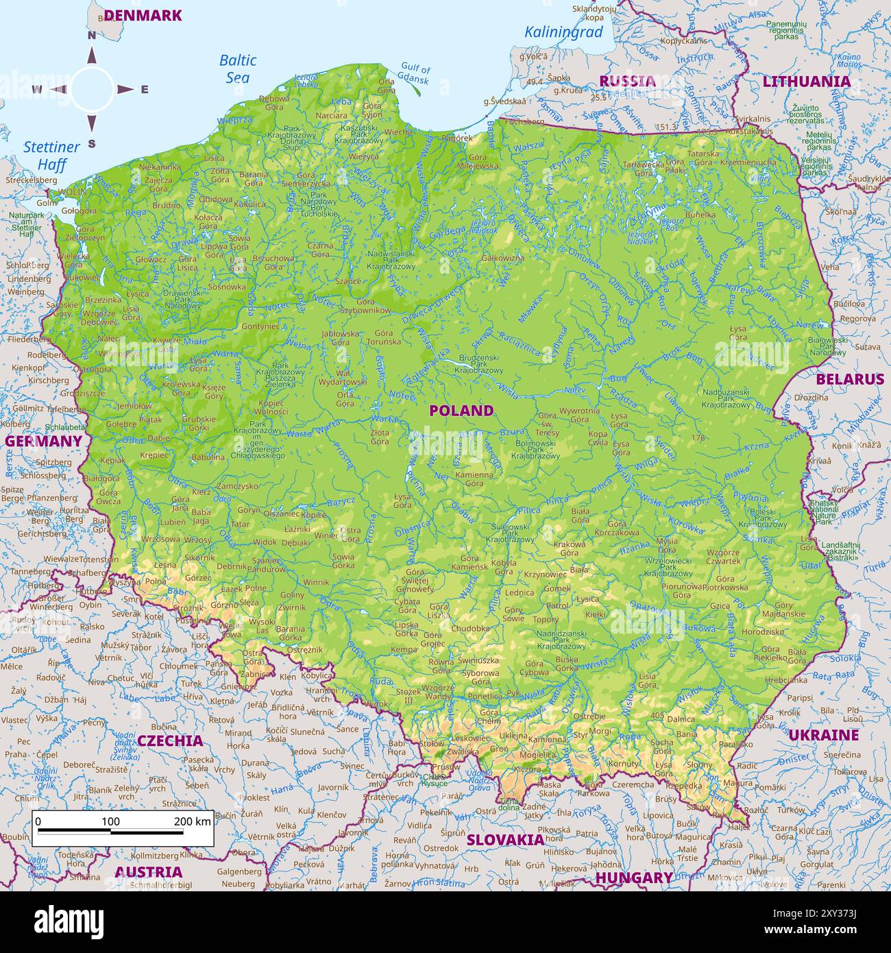Poland Rivers Map Explore Polands Waterways Poland Physical Map With National Borders Rivers And Lakes Mountains Parks Labeling 2XY373J