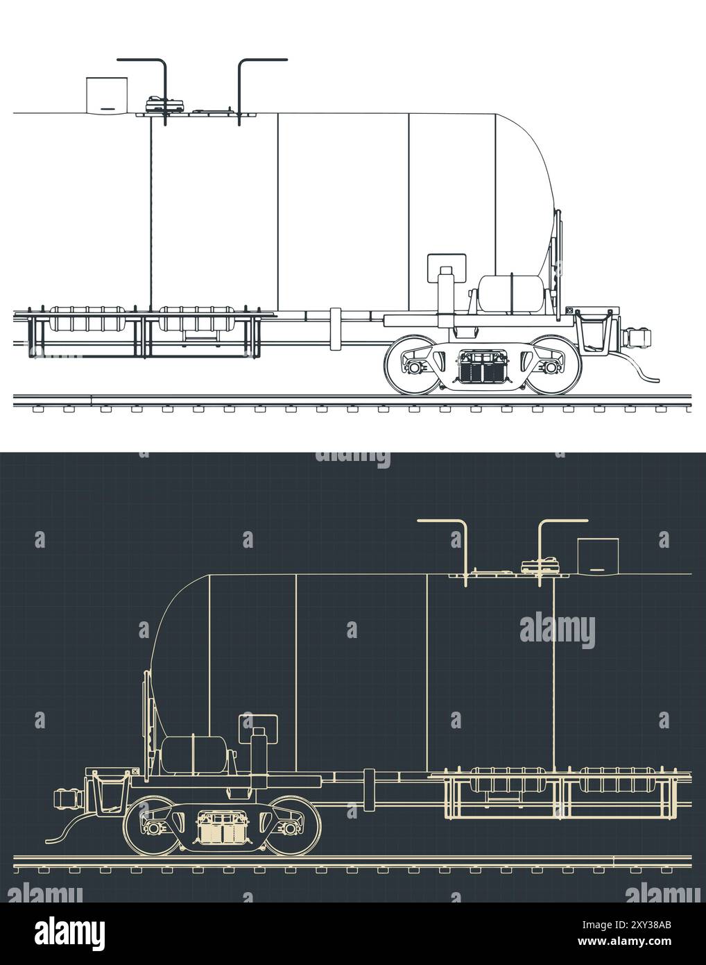 Stylized vector illustrations of blueprints of a railway tank car close ...