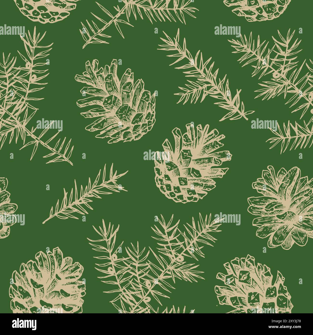Christmas seamless pattern with pine cones and juniper. Monochrome ...