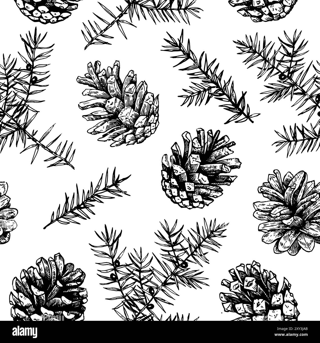 Christmas seamless pattern with pine cones and juniper. Monochrome ...