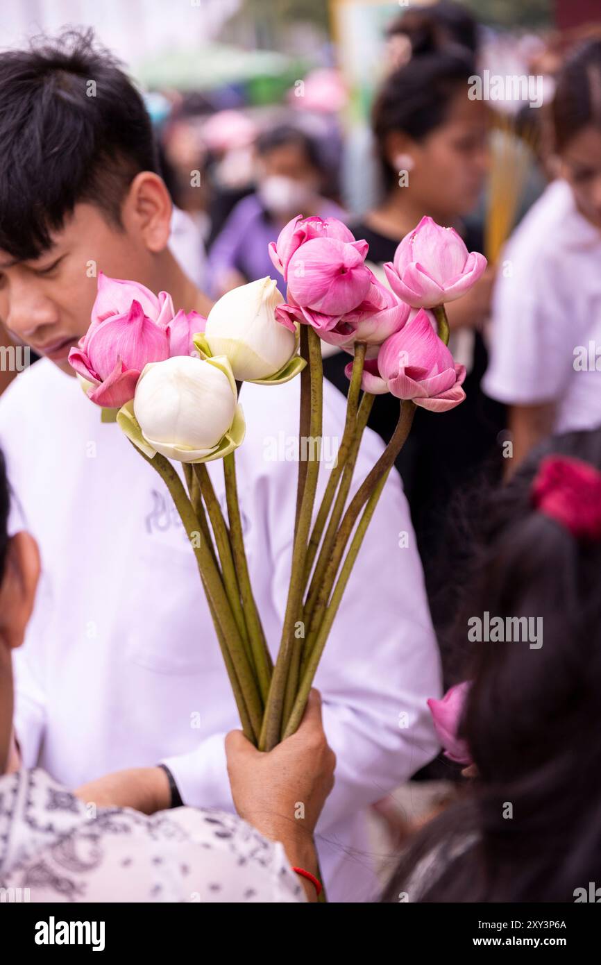 Lotus flowers for offering at Lok Ta Dombong Dek, Lok Ta Krohom Ko and Lokta Preak Chao Krong Kampuchea Shrine, Phnom Penh, Cambodia. Stock Photo