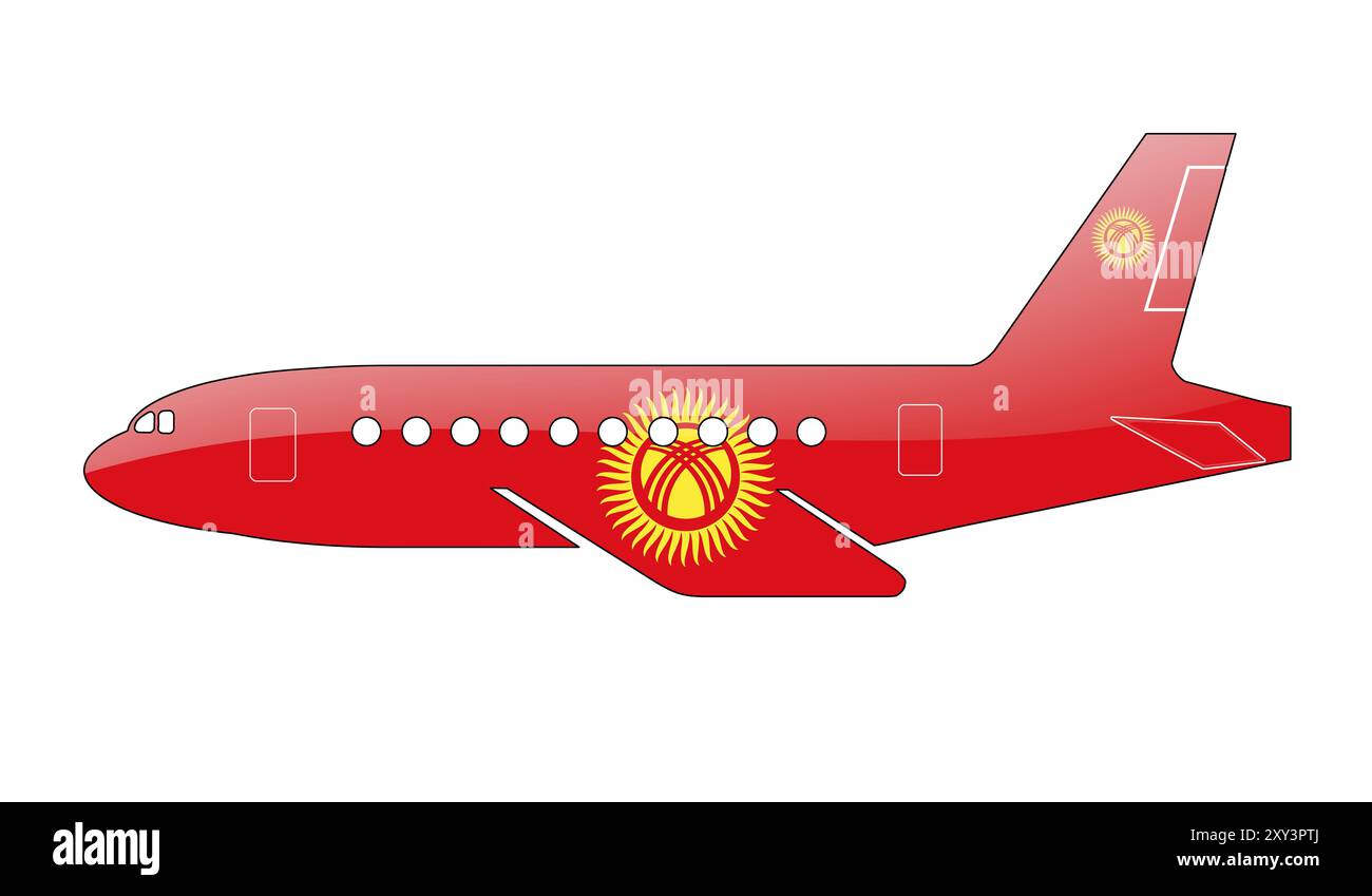 The Kyrgyz Flag painted on the silhouette of a aircraft. glossy illustration Stock Photo