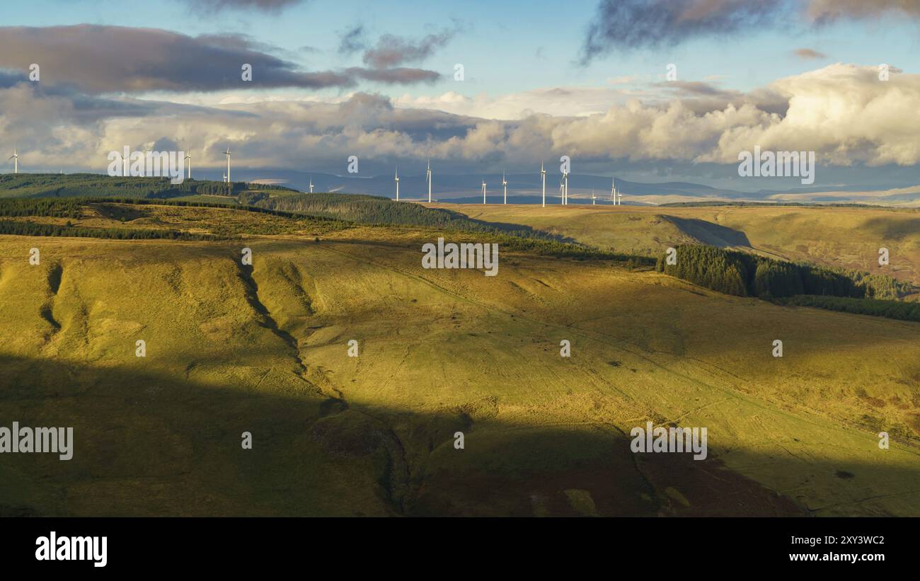 Wind turbines and clouds, Mynydd Tyle Goch in Rhondda Cynon Taf, Mid Glamorgan, Wales, UK Stock Photo