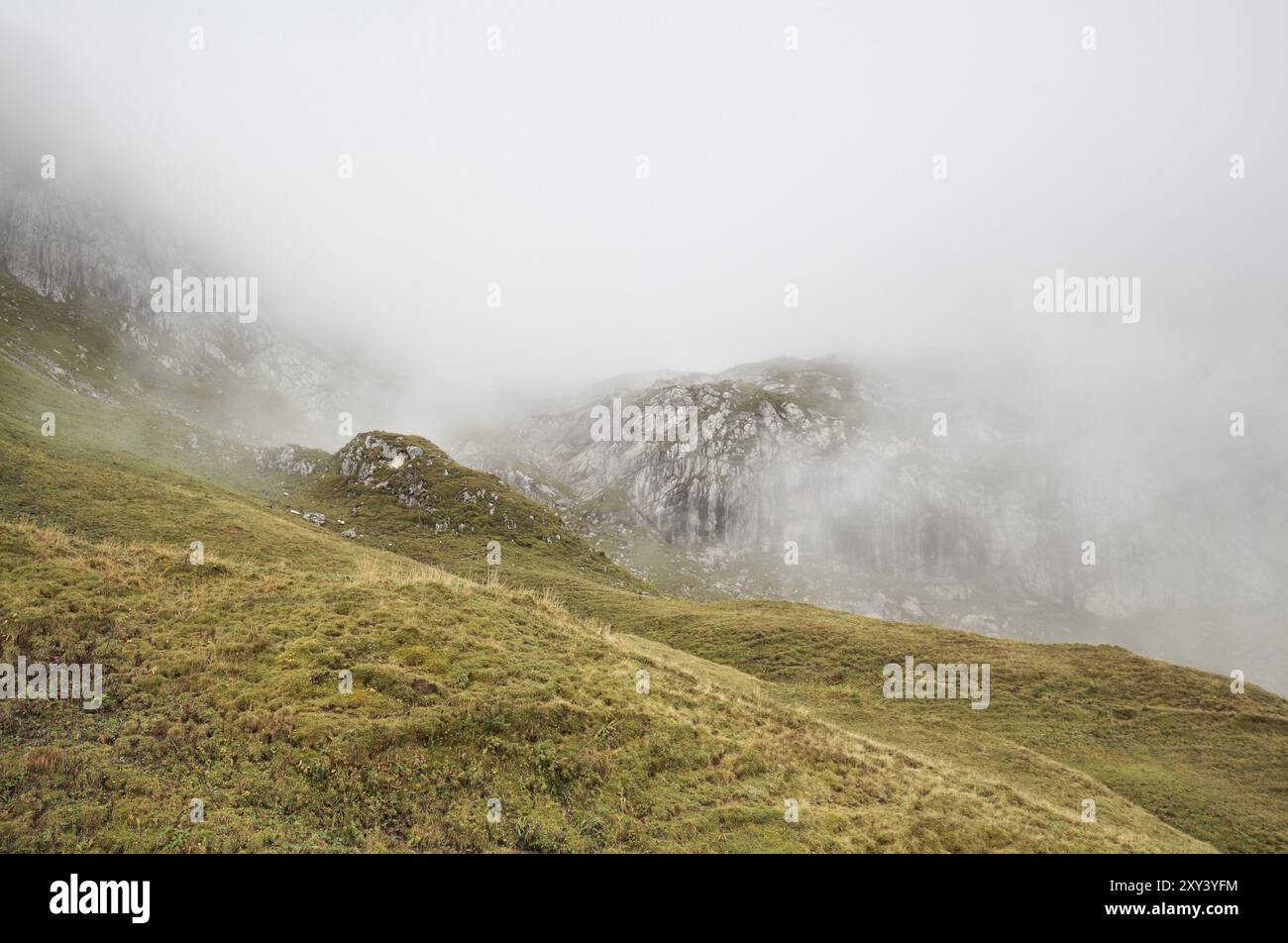 Rocky mountains in dense fog, Alps, Germany, Europe Stock Photo - Alamy