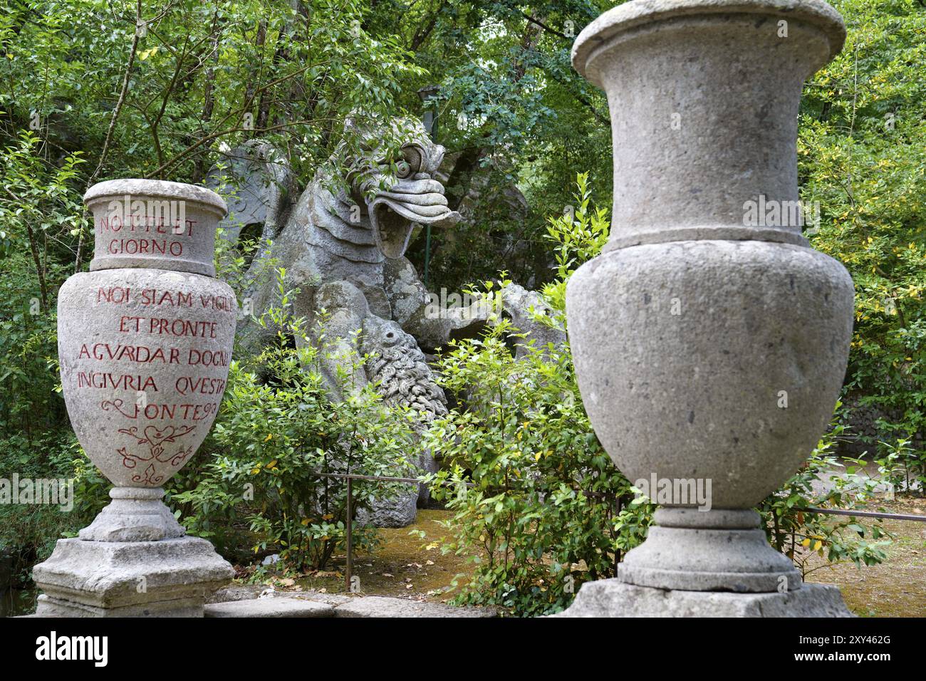 Greek vases, Sacro Bosco, Sacred Forest, Park of the Monsters, Parco dei Mostri, grotesque, monumental sculptures, antique architecture, city of Bomar Stock Photo
