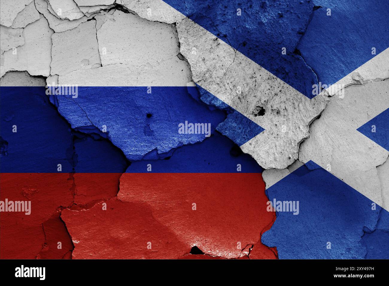 Flags of Russia and Scotland painted on cracked wall Stock Photo - Alamy