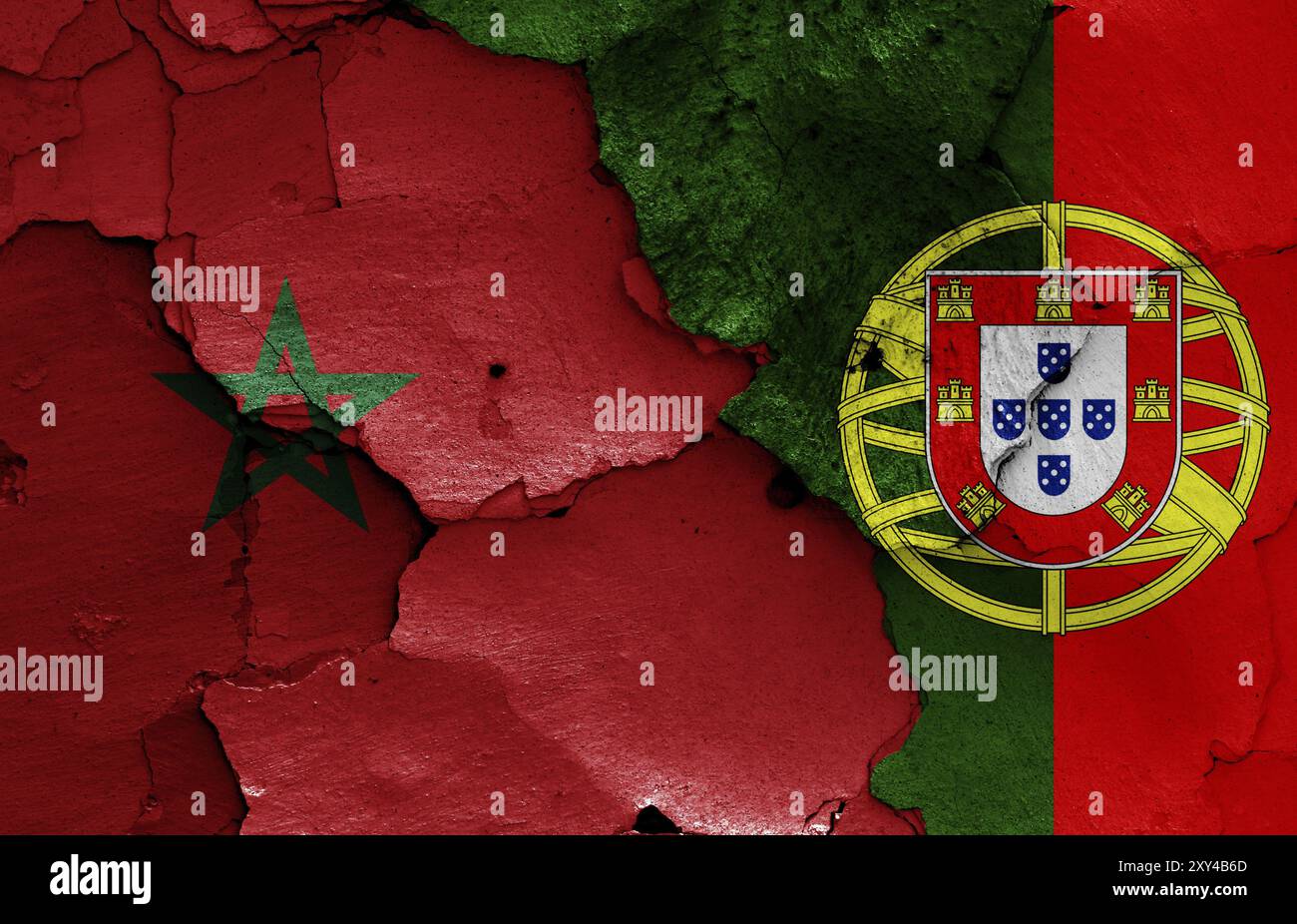Flags of Morocco and Portugal painted on cracked wall Stock Photo - Alamy
