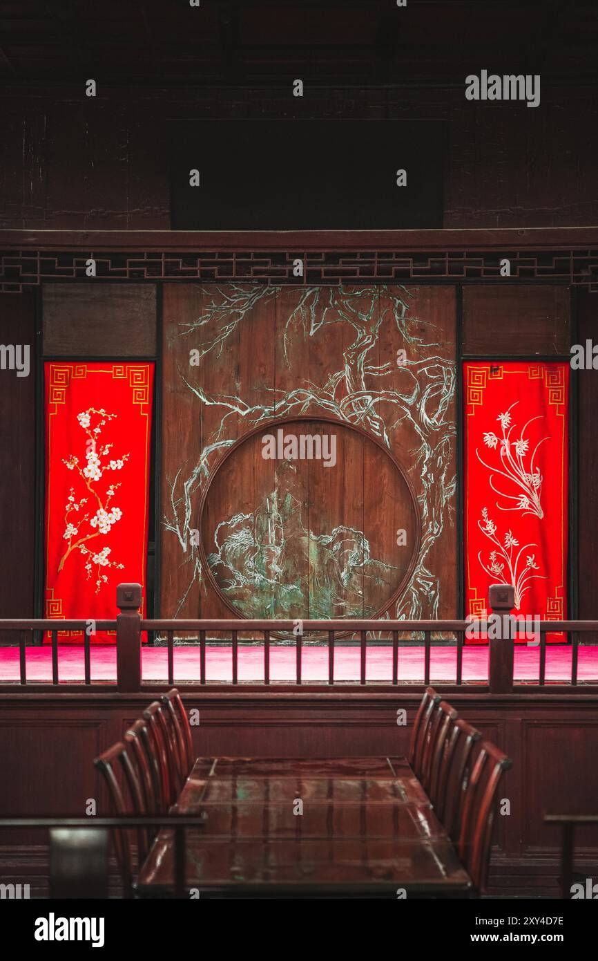Interior of a Chinese traditional theatrical building with wood ...