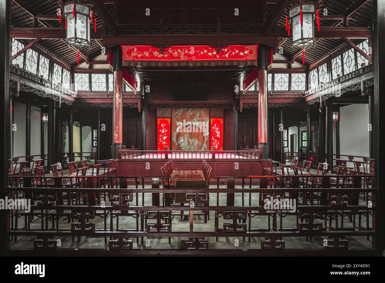 An interior view of a Chinese traditional theatrical building with ...