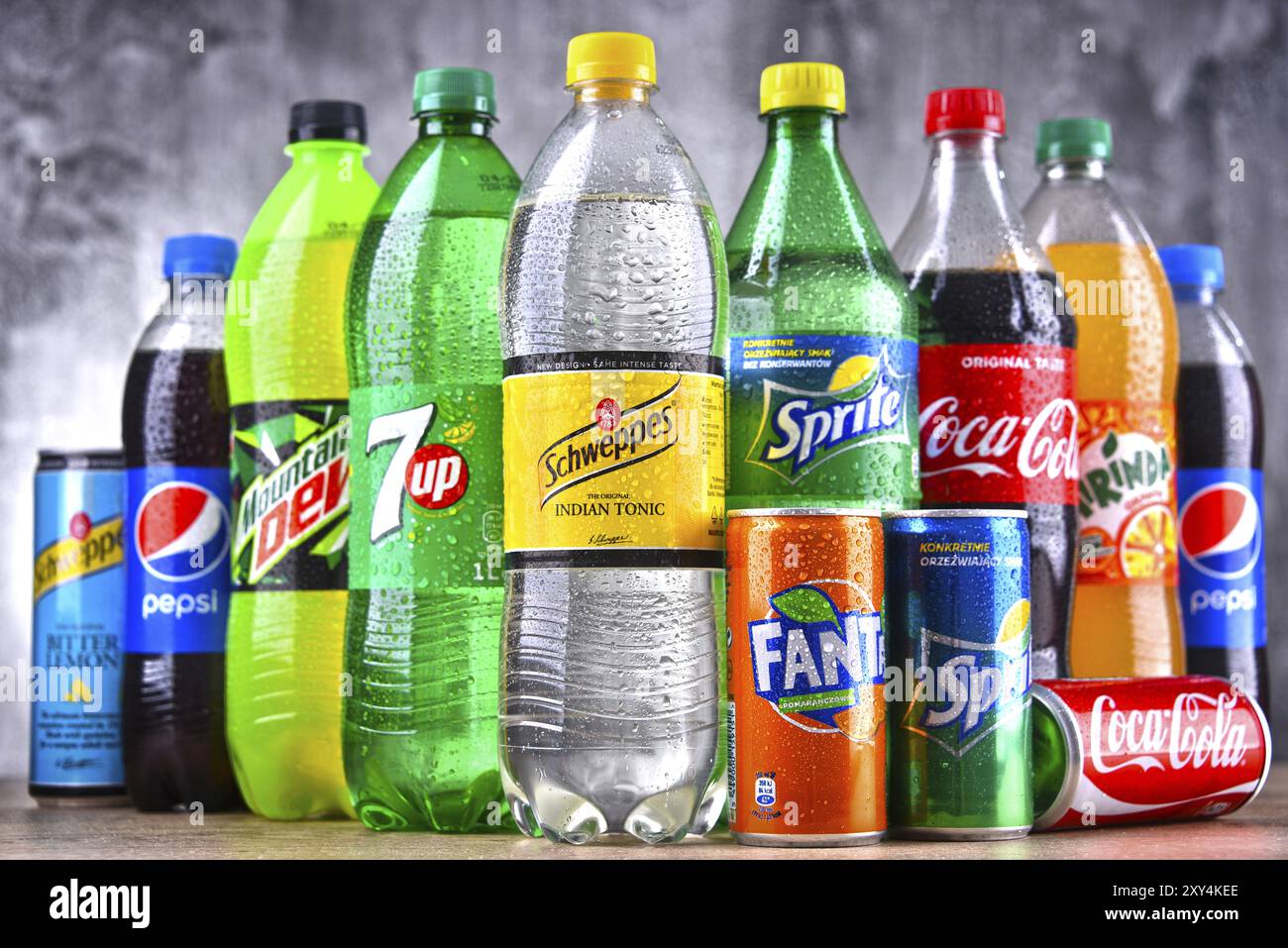 Bottles of global soft drink brands including products of Coca Cola Company and Pepsico Stock Photo