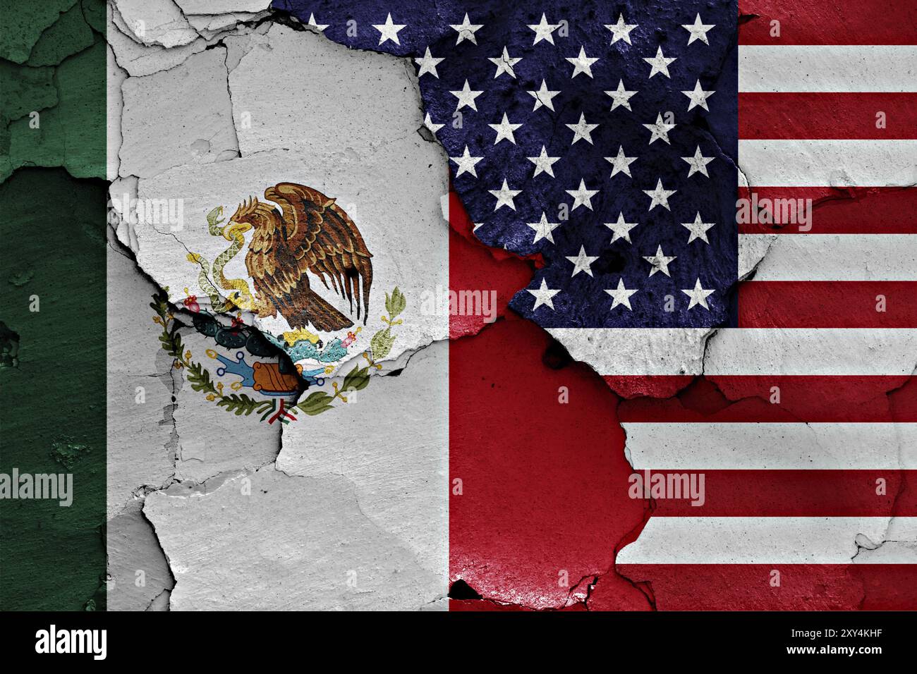 Flags of Mexico and USA painted on cracked wall Stock Photo - Alamy