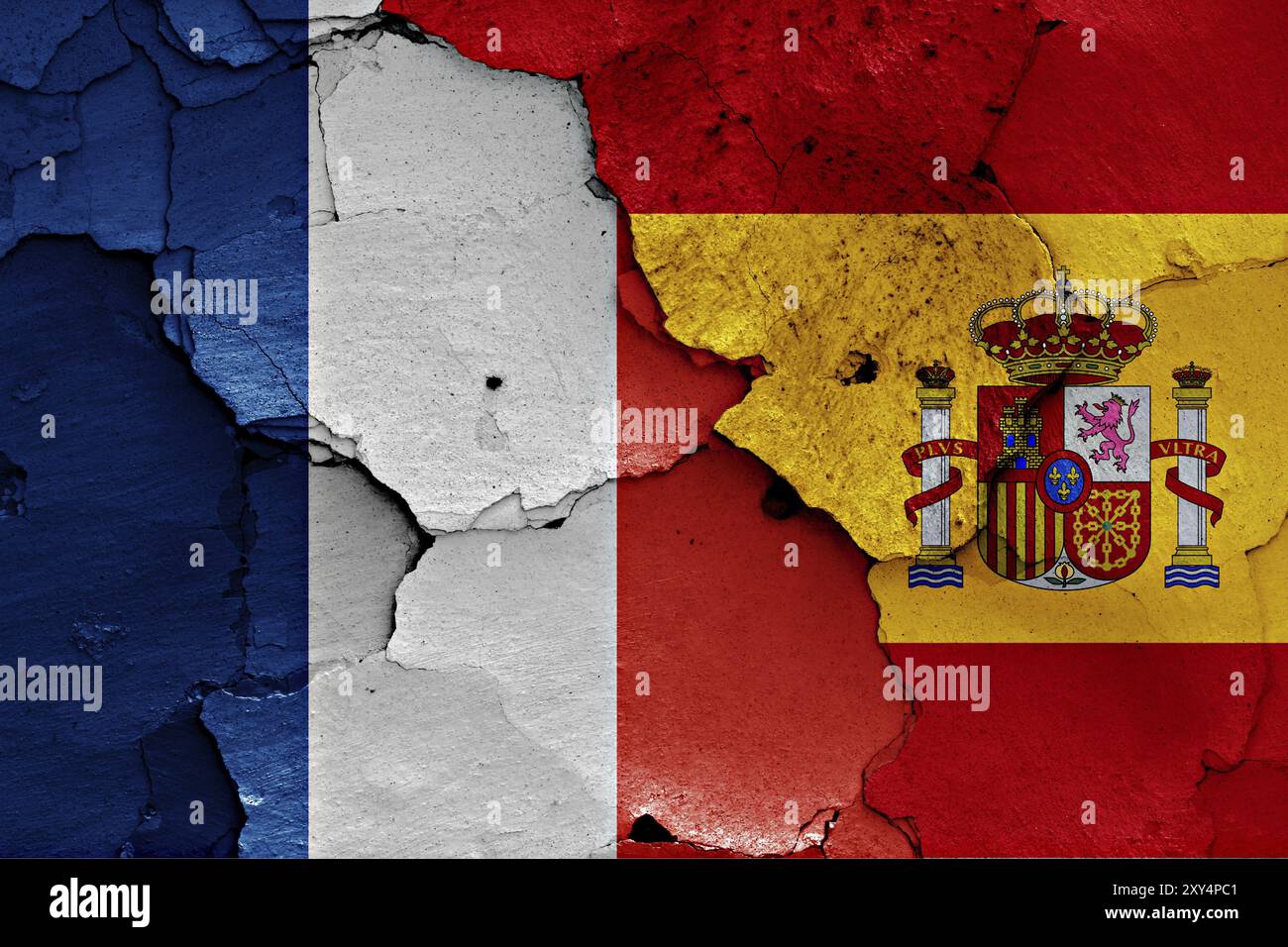 Flags of France and Spain painted on cracked wall Stock Photo - Alamy