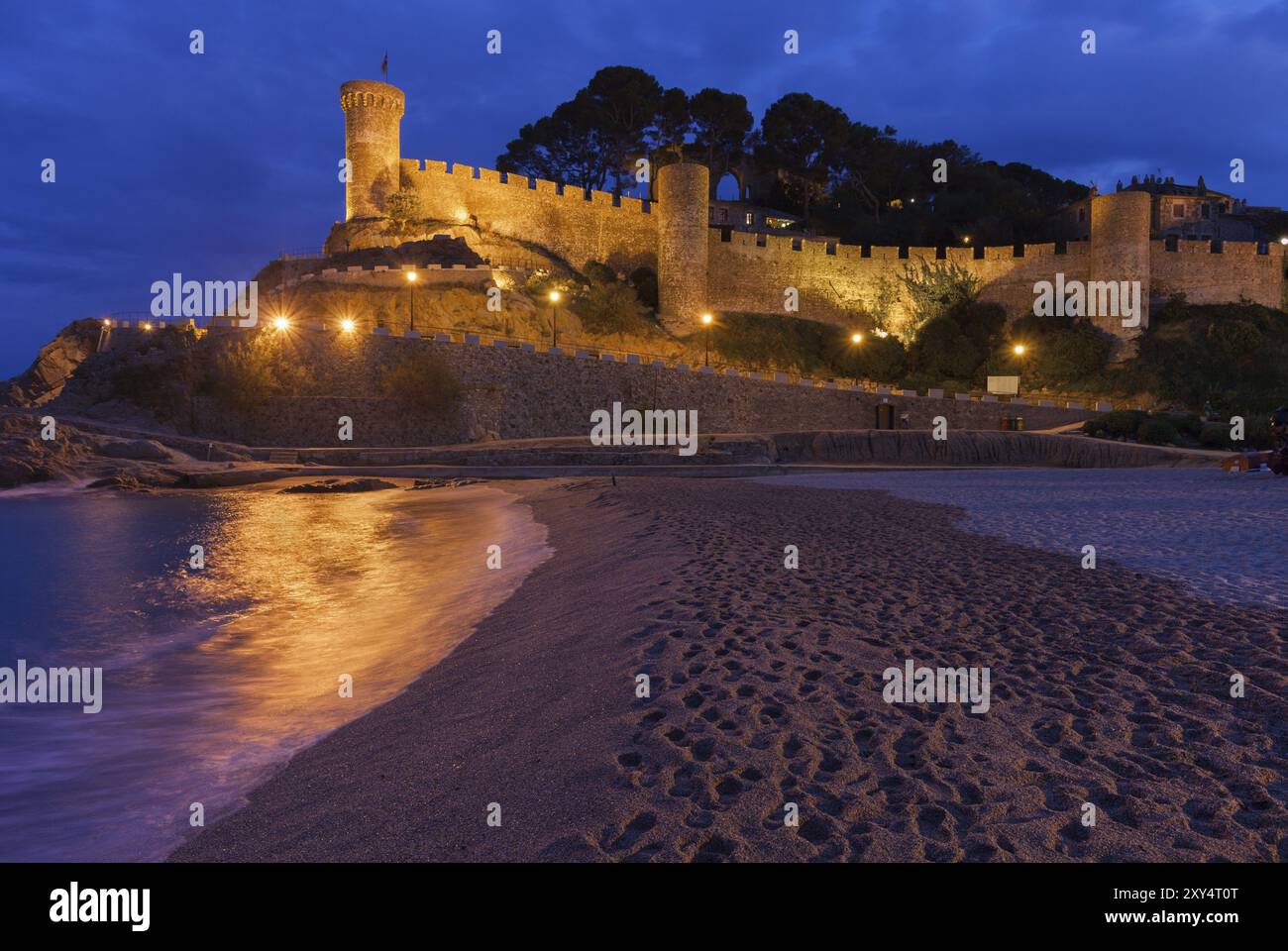 Tossa De Mar Town Beach And Castle By Night Illuminated Medieval 