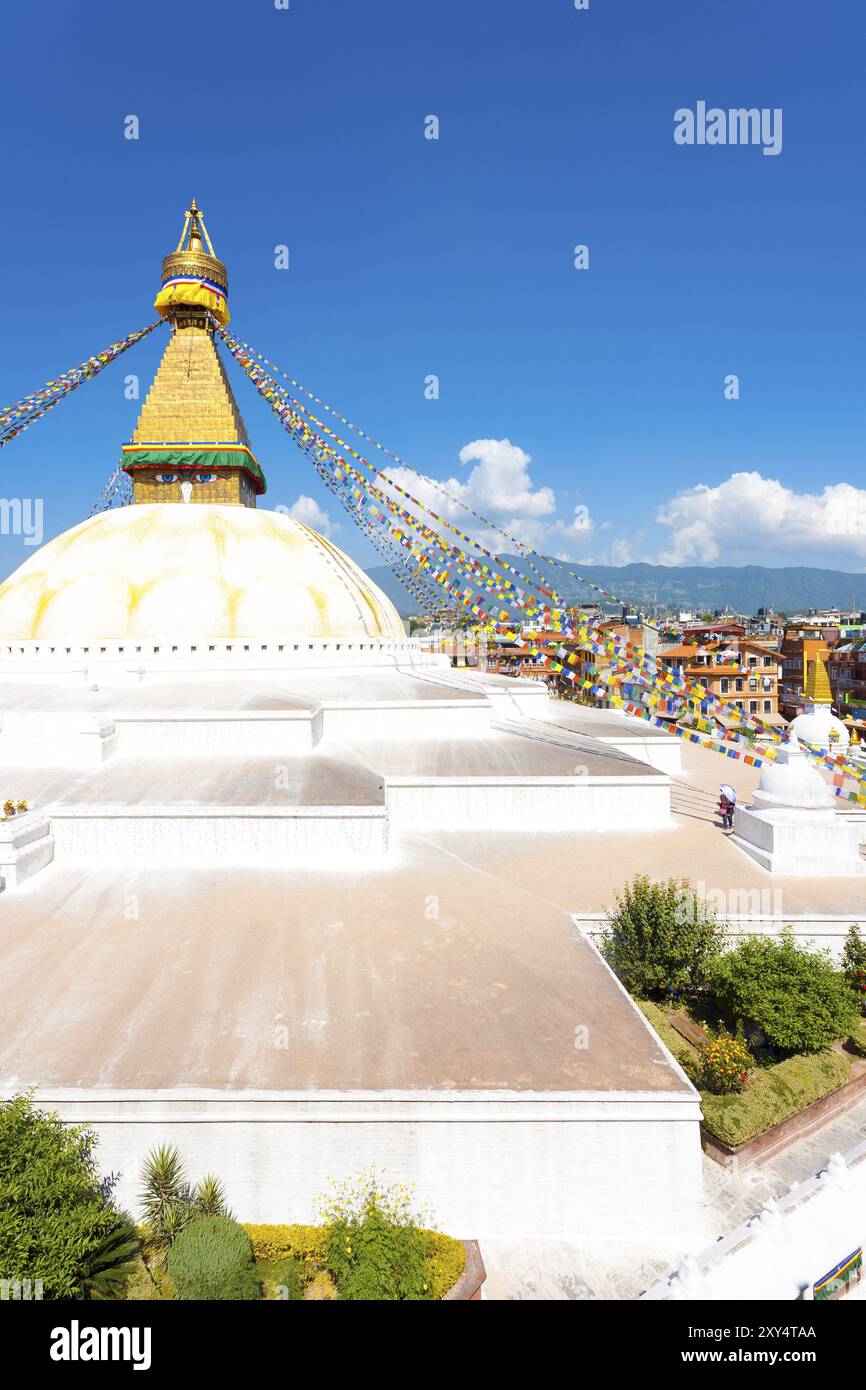 Aerial view of Boudhanath Stupa on blue sky day in Kathmandu, Nepal, Asia Stock Photo